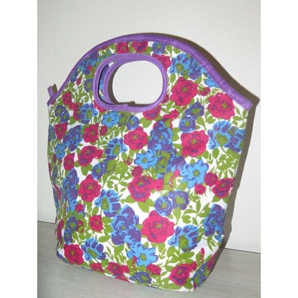 Lily McGee Gourmet Fabric Lunch Tote Bag FLORAL ROSES white Red Insulated $52 - Picture 1 of 5